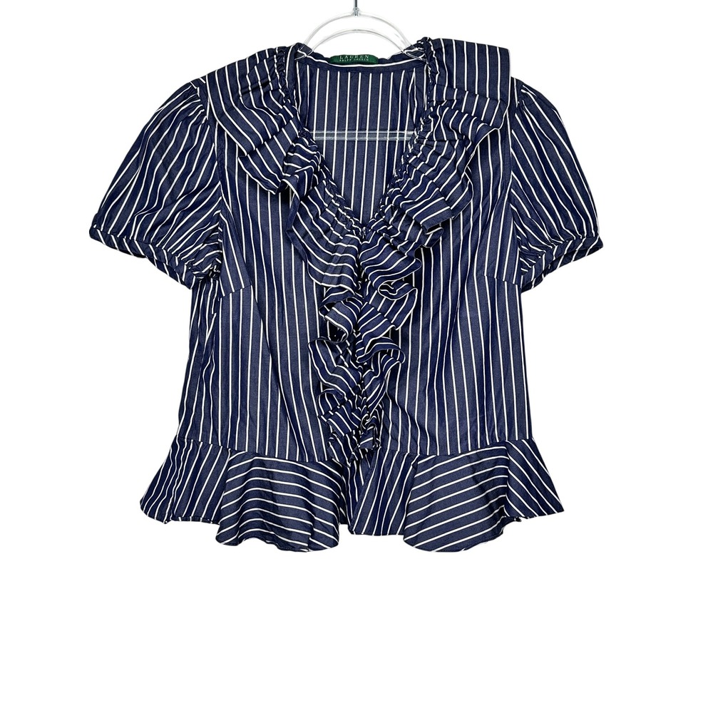 Lauren Ralph Lauren Ruffle Peplum Top Sz 6 Navy White Striped Short Puff Sleeve